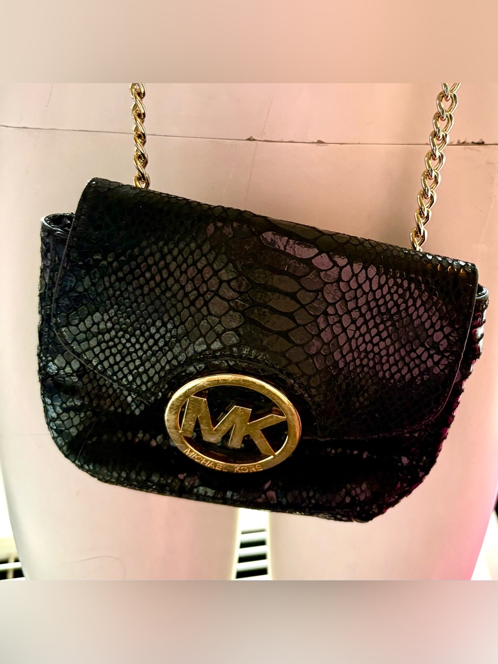 Michael Kors Black Snake-Embossed Crossbody with Gold MK Logo